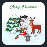 Merry Christmas! Snowman with Friends Square Sticker<br><div class="desc">Merry Christmas! Snowman with Friends - Baby Polar Bear,  Birds,  Moose,  Rabbit,    ~~~ coloured pencil drawing by Krisi ArtKSZP ~~~ Store Category >>> Merry Christmas for Kids >>> Snowman with Friends</div>