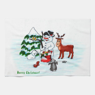 Merry Christmas! Snowman with Friends Tea Towel