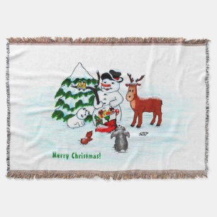 Merry Christmas! Snowman with Friends Throw Blanket