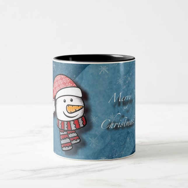 Merry Christmas, snowman with knitted clothes Two-Tone Coffee Mug (Center)