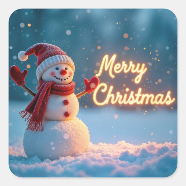 Merry Christmas Snowman with Neon Sign Square Sticker (Front)