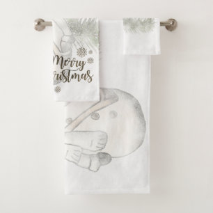 Merry Christmas, Snowman With Santa Hat Bath Towel Set