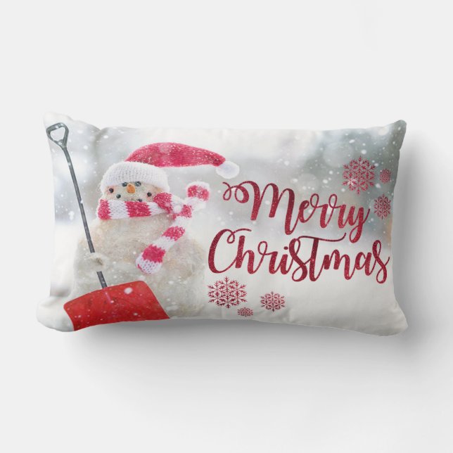 Merry Christmas, Snowman With Santa Hat Lumbar Cushion (Front)