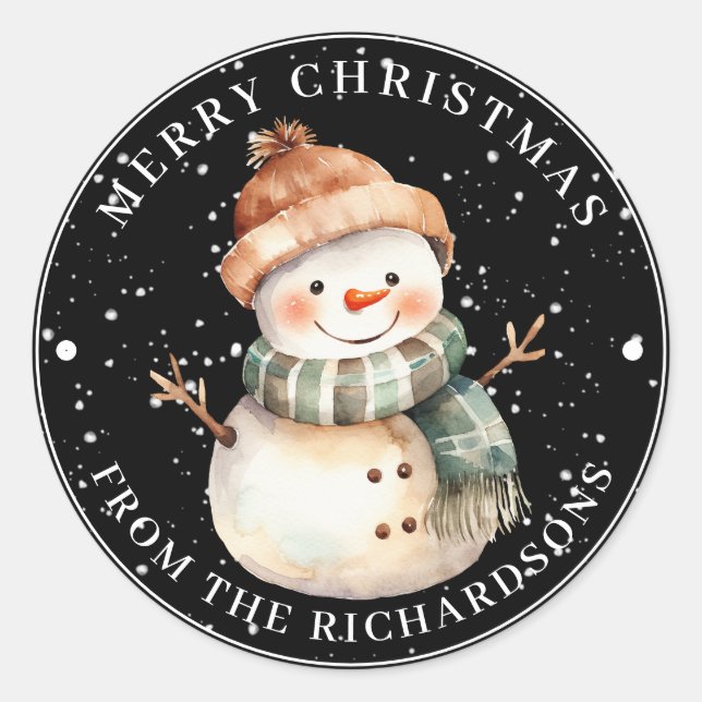 Merry Christmas Snowman with Scarf on Black Classic Round Sticker (Front)