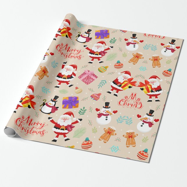 Merry Christmas Snowman Wrapping Paper ("Santa, penguins, and presents the perfect holiday trio")