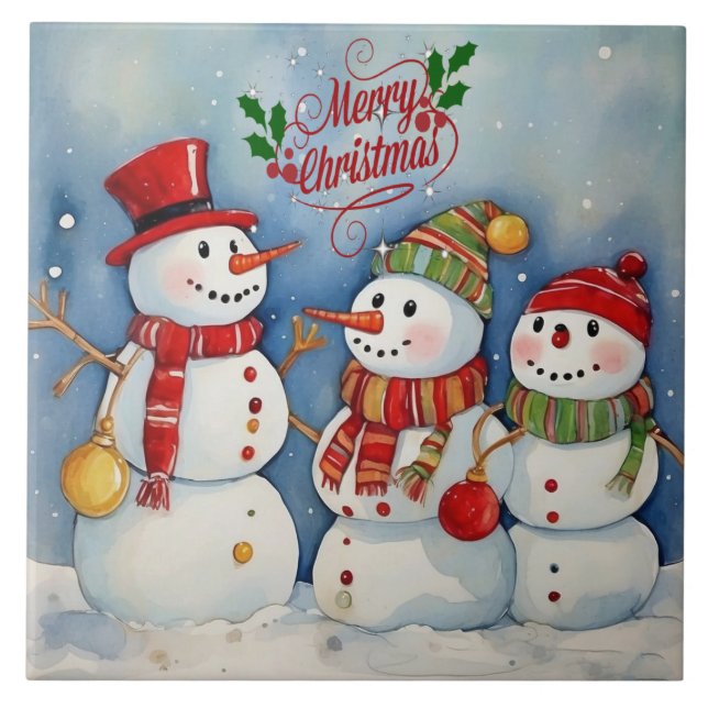 Merry Christmas, Snowmen Celebration Ceramic Tile (Front)