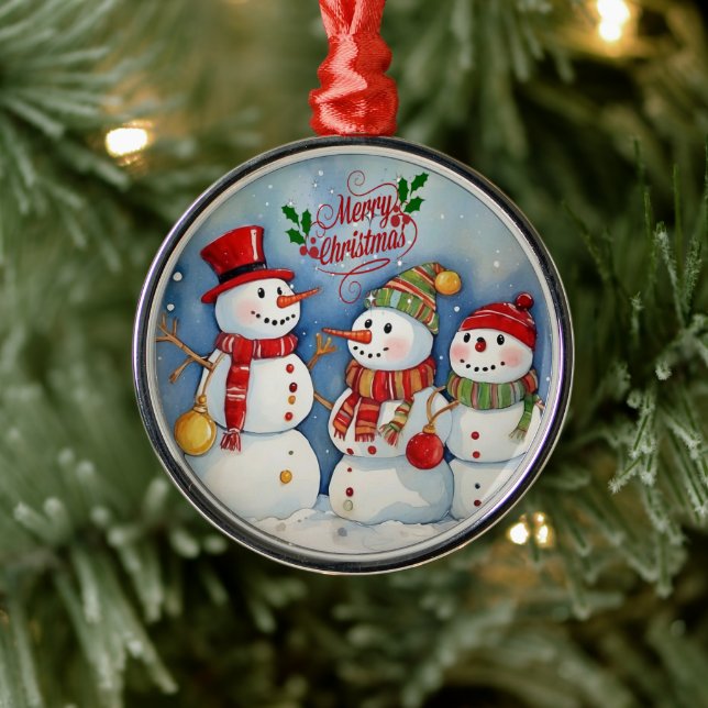 Merry Christmas, Snowmen Celebration Metal Ornament (Tree)