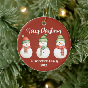 Merry Christmas Snowmen Ceramic Ornament