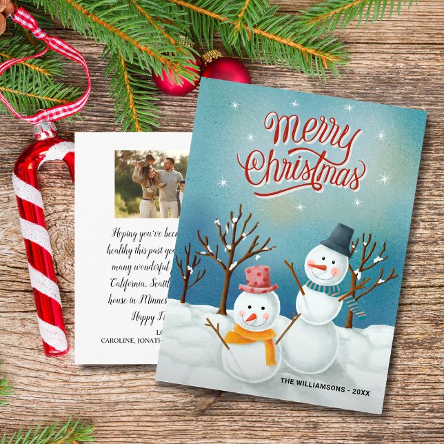Merry Christmas Snowmen Custom Family Photo Postcard (Creator Uploaded)