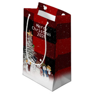Merry Christmas snowmen on plaid Small Gift Bag