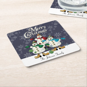 Merry Christmas Snowmen Pals Christmas Square Paper Coaster