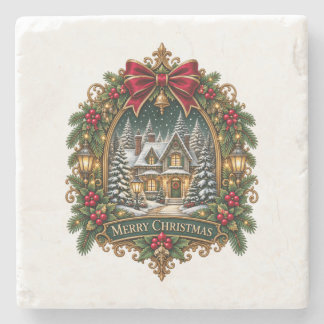 Merry Christmas Snowy Cottage Stone Coaster