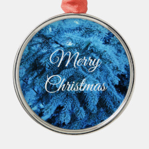 Merry Christmas Snowy Forest Spruce Branches Metal Ornament
