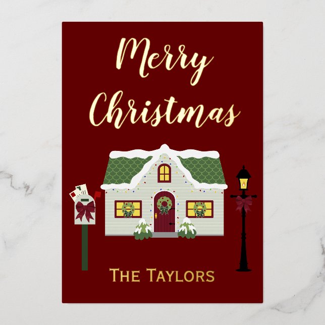 Merry Christmas Snowy Home Foil Holiday Card (Front)