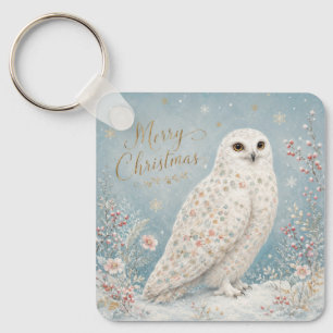 Merry Christmas Snowy Owl Winter Wonderland Key Ring