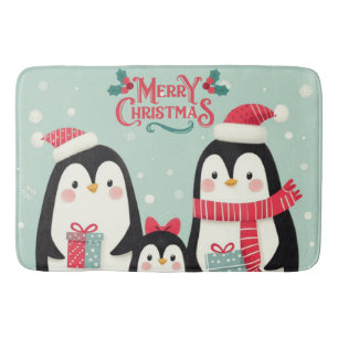 Merry Christmas snowy penguins Bath Mat