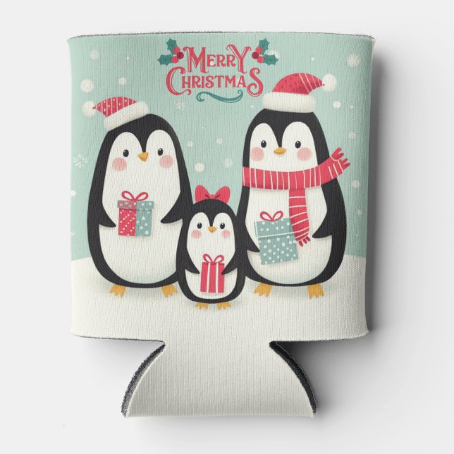Merry Christmas snowy penguins Can Cooler (Front)