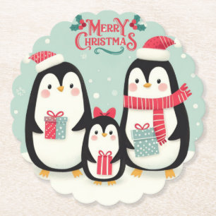 Merry Christmas snowy penguins Paper Coaster