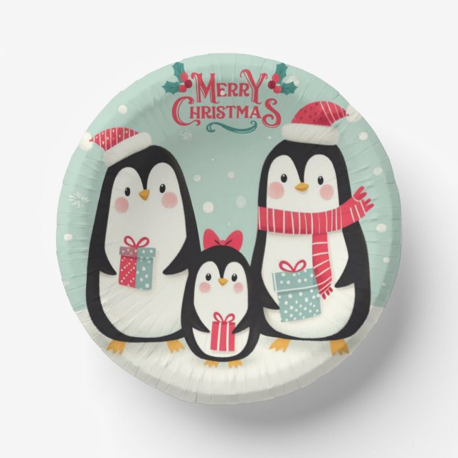 Merry Christmas snowy penguins Paper Plate (Front)