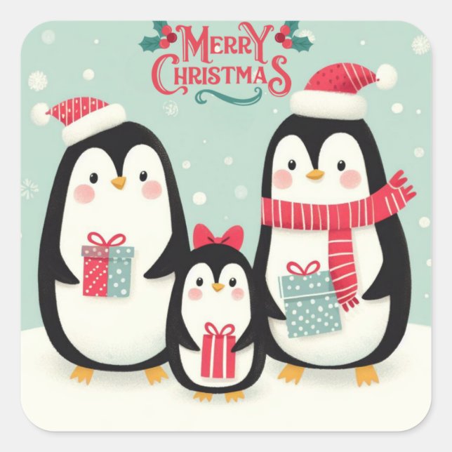 Merry Christmas snowy penguins Square Sticker (Front)