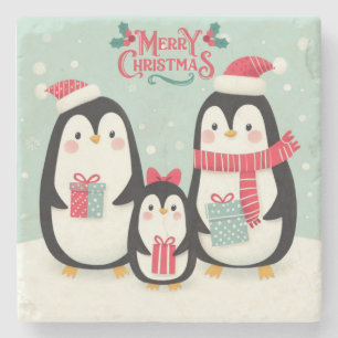 Merry Christmas snowy penguins Stone Coaster