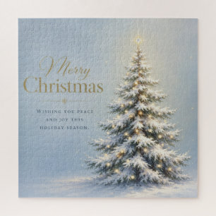 Merry Christmas Snowy Pine Tree Jigsaw Puzzle