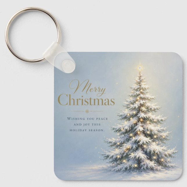 Merry Christmas Snowy Pine Tree Key Ring (Front)