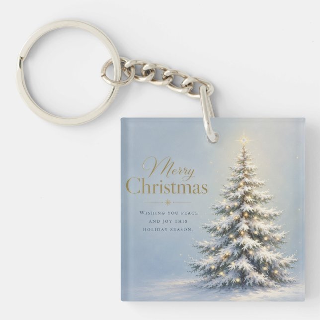 Merry Christmas Snowy Pine Tree Key Ring (Front)