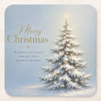 Merry Christmas Snowy Pine Tree Square Paper Coaster