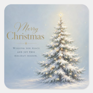 Merry Christmas Snowy Pine Tree Square Sticker
