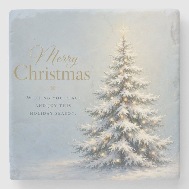 Merry Christmas Snowy Pine Tree Stone Coaster (Front)