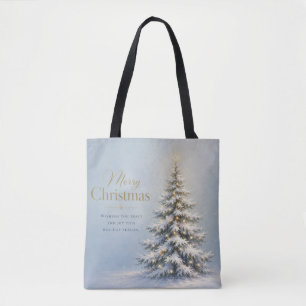 Merry Christmas Snowy Pine Tree Tote Bag