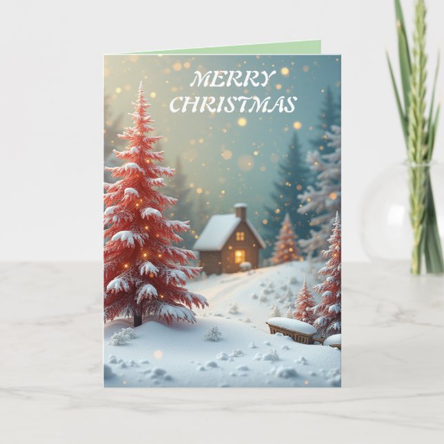 Merry christmas snowy red trees holiday card (Front)
