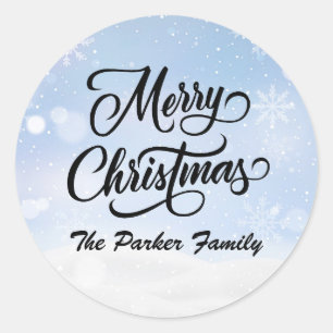 Merry Christmas Snowy Sky Personalised Classic Round Sticker