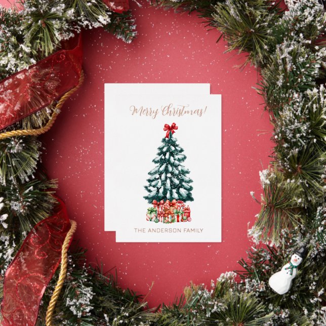 Merry Christmas Snowy Tree Rose Gold Foil Holiday Card (Insitu)
