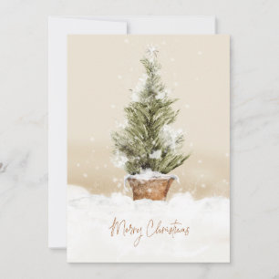 Merry Christmas Snowy Tree Watercolor Holiday Card