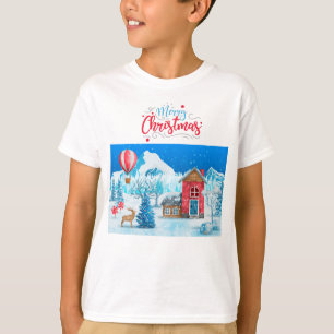 MERRY CHRISTMAS SNOWY VILLAGE ELK PINE TREE T-Shirt