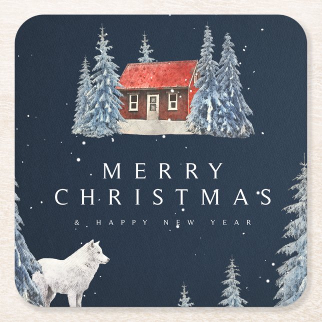 Merry Christmas/Snowy  Winter Cabin with Wolf Square Paper Coaster (Front)