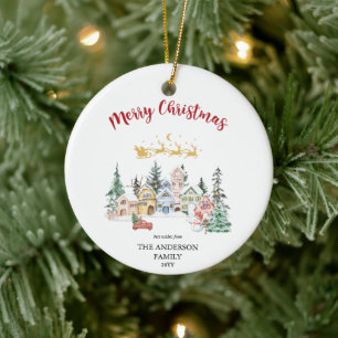 Merry Christmas   Snowy Winter House Scene Ceramic Ornament