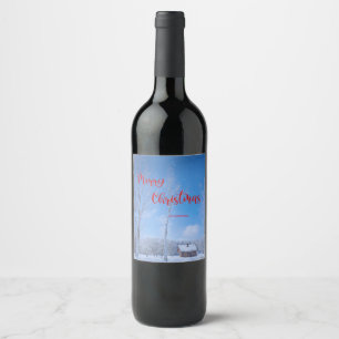 Merry Christmas Snowy Winter Village Holiday  Wine Label