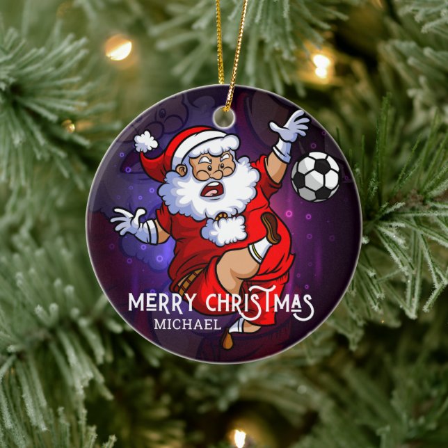 Merry Christmas Soccer Football Santa Personalised Ceramic Ornament (Tree)