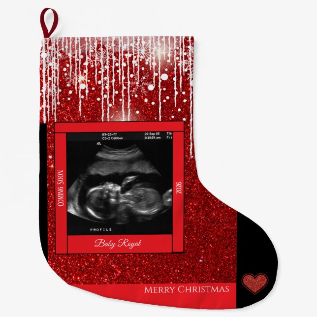 Merry Christmas Sonogram Baby Coming Soon Large Christmas Stocking (Front)