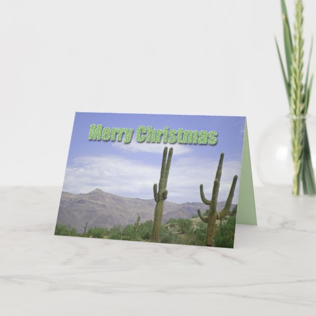 Merry Christmas Southwest Landscape with Saguaros Holiday Card (Front)