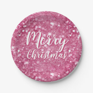 Merry Christmas Sparkle Glitter Pink Paper Plate