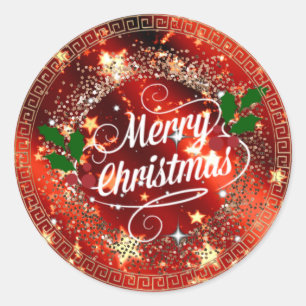 Merry Christmas, Sparkling Red and Gold, Classic Round Sticker