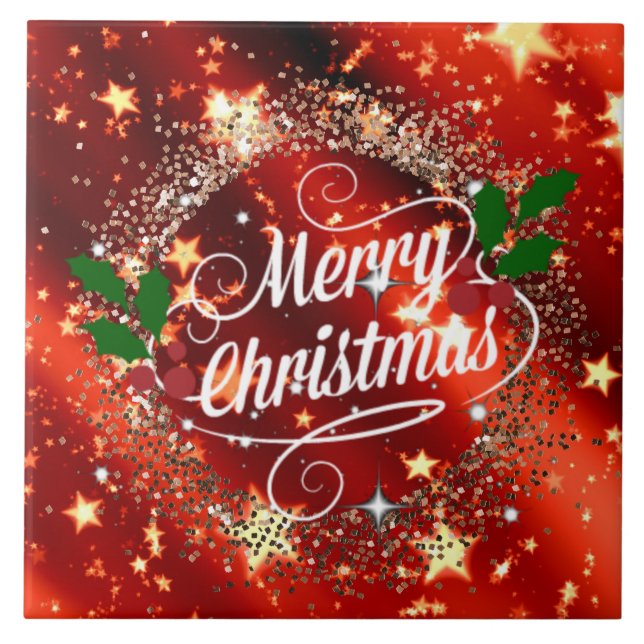 Merry Christmas, Sparkling Red and Gold Design Ceramic Tile (Front)
