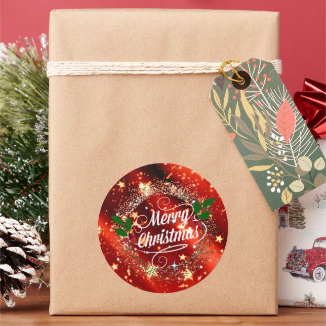 Merry Christmas, Sparkling Red and Gold Design Cla Classic Round Sticker (Holiday)