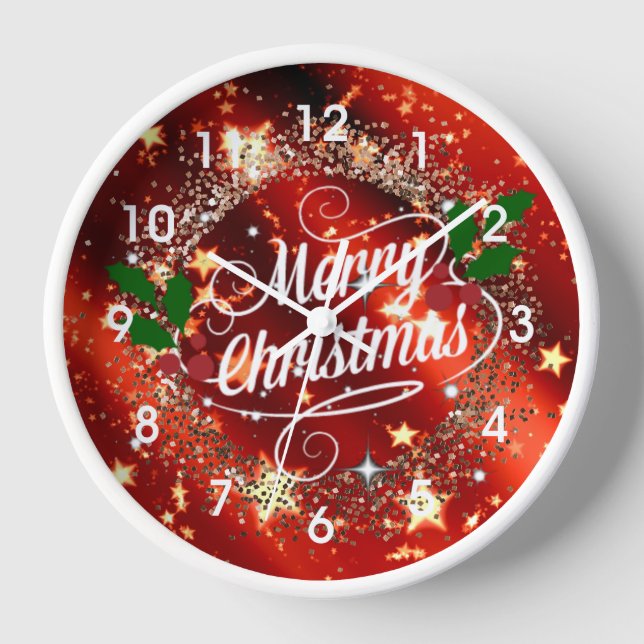 Merry Christmas, Sparkling Red and Gold Design Clock (Front)