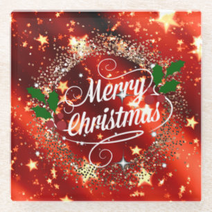 Merry Christmas, Sparkling Red and Gold Design Glass Coaster