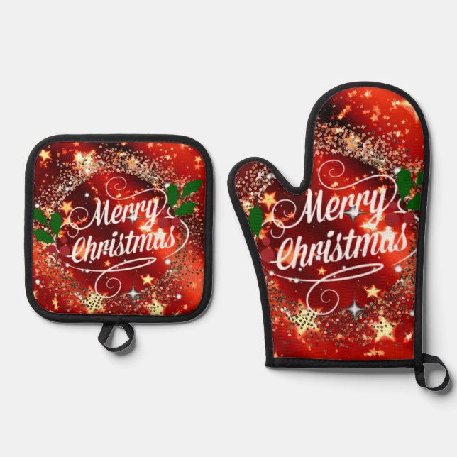 Merry Christmas, Sparkling Red and Gold Design Oven Mitt & Pot Holder Set (Front)